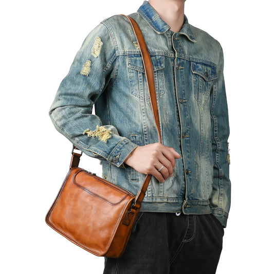 Men's Shoulder Bag Genuine Cowhide Leather Retro Casual Male Crossbody Bag 