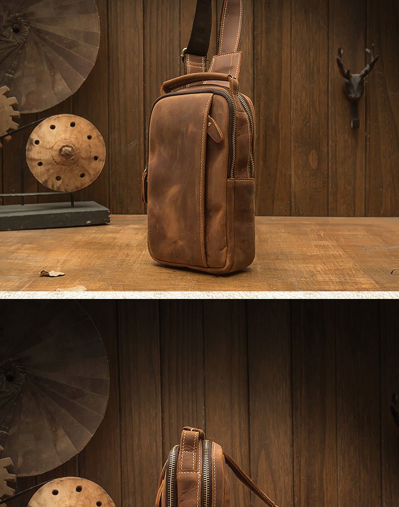 Men's Bust Bag Handmade Genuine Cowhide Leather Fashion Unique Men's Shoulder Bag Crossbody Bag 