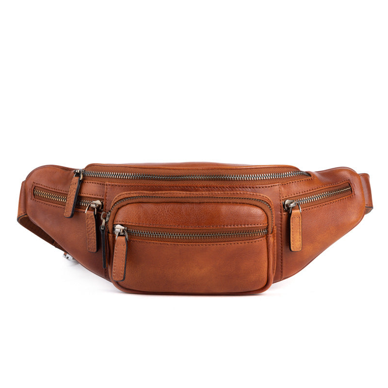 Men's Waist Pouch Genuine Cowhide Leather Retro Casual Bust Bag for Men 