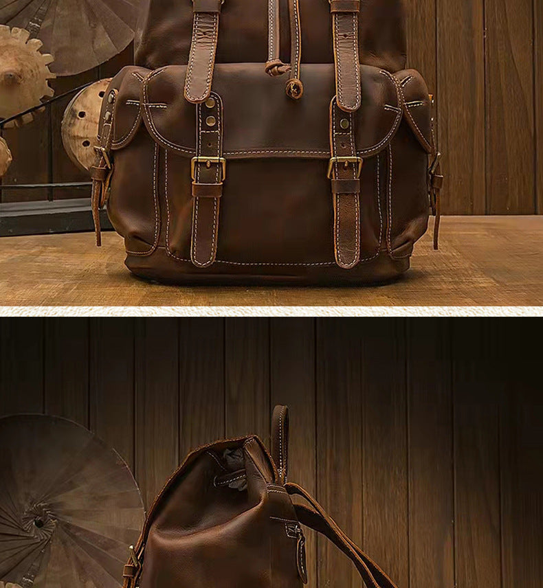 Men's backpack handmade genuine cowhide leather retro unique fashion casual travel bag 