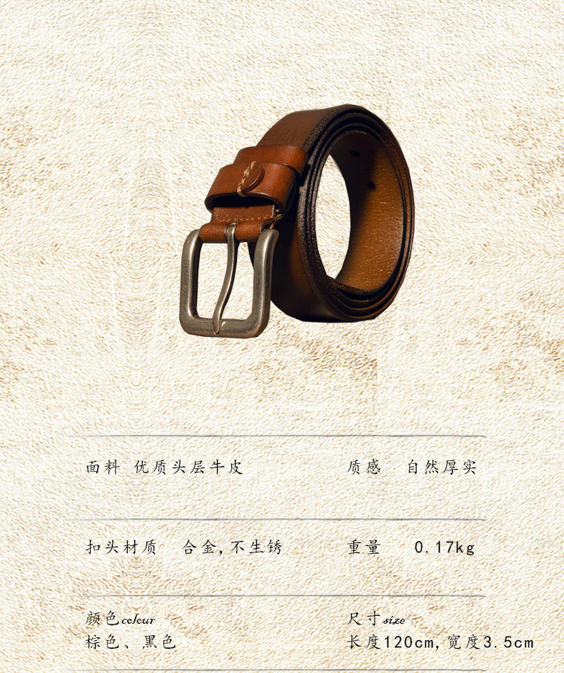 Men's Belt Genuine Cowhide Leather Handmade Needle Buckle Simple Casual Vintage Fashion Men's Belt 