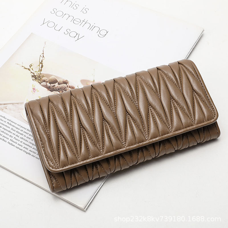 Women's Wallet Sheep Leather Clutch Bag Pleated Genuine Leather Long Wallet Fashion Wallet Women's Wallet