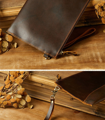 Men's Wallet Handcrafted Genuine Cowhide Leather Retro Zipper Simple Clutch Bag Men's Wallet 