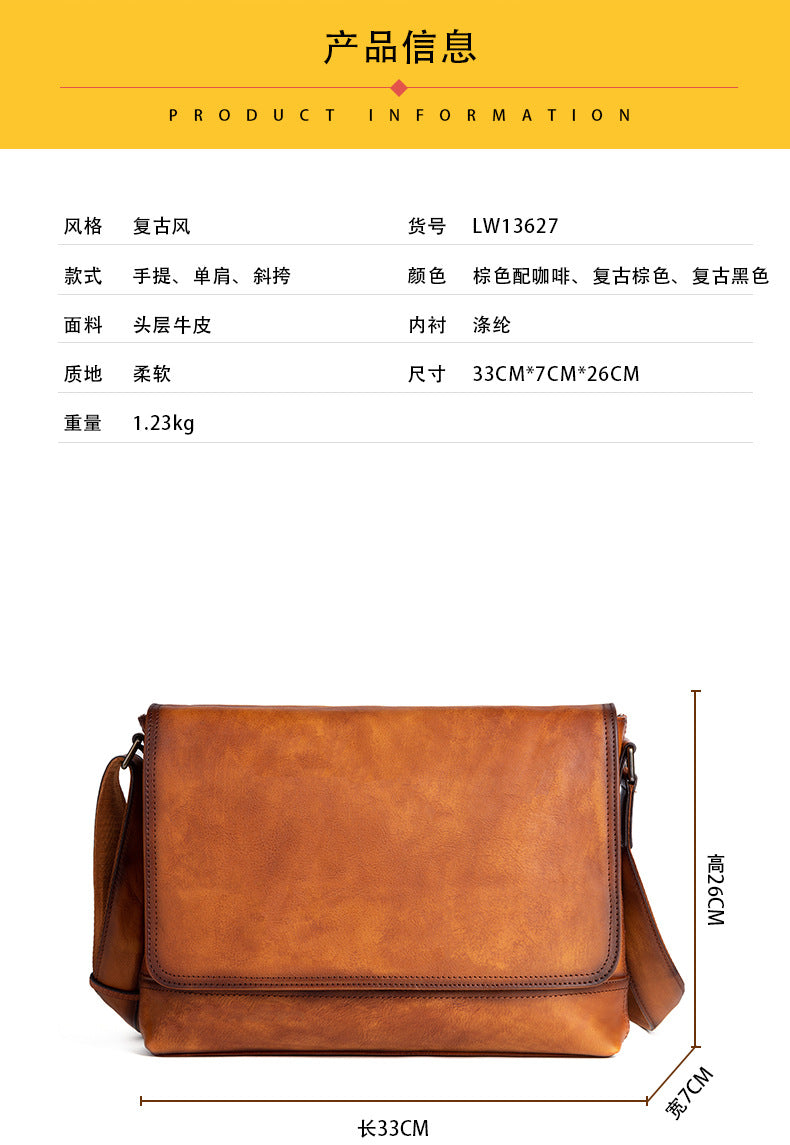 Men's Shoulder Bag Genuine Cowhide Leather Retro Casual Male Crossbody Bag 