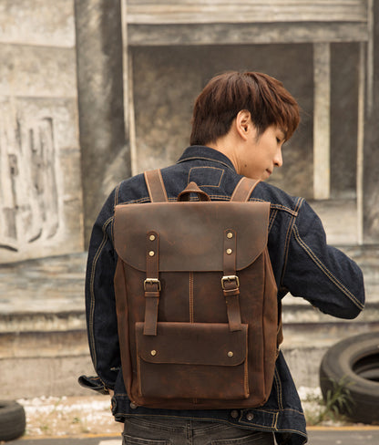 Men's Rucksack Korean Fashion Handmade Cowhide Genuine Leather Crazy Horse Outdoor Travel Bag Casual Computer Bag for Men 