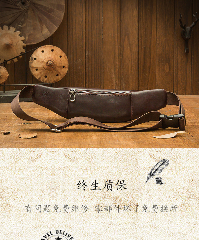 Men's Bust Bag Handmade Cowhide Genuine Leather Casual Mobile Phone Waist Pouch Sports Outdoor Personality Fashion Male Shoulder Bag Crossbody Bag 