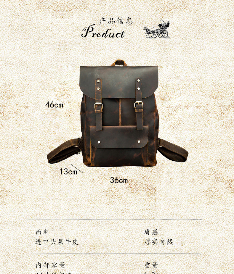 Men's Rucksack Korean Fashion Handmade Cowhide Genuine Leather Crazy Horse Outdoor Travel Bag Casual Computer Bag for Men 