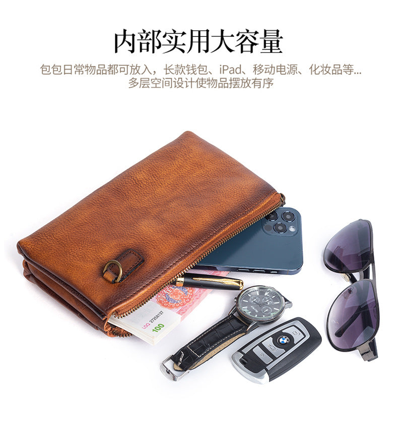 Men's Clutch Bag Genuine Cowhide Leather Retro Casual Men's Bag 