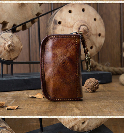 Men's Wallet Handmade Cowhide Genuine Leather Zipper Keychain for Waist Multifunctional Fashion Bag for Men