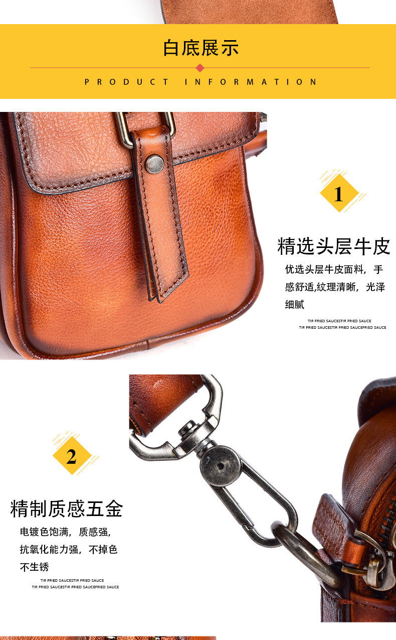 Men's Shoulder Bag Genuine Cowhide Leather Retro Casual Unisex Crossbody Bag 