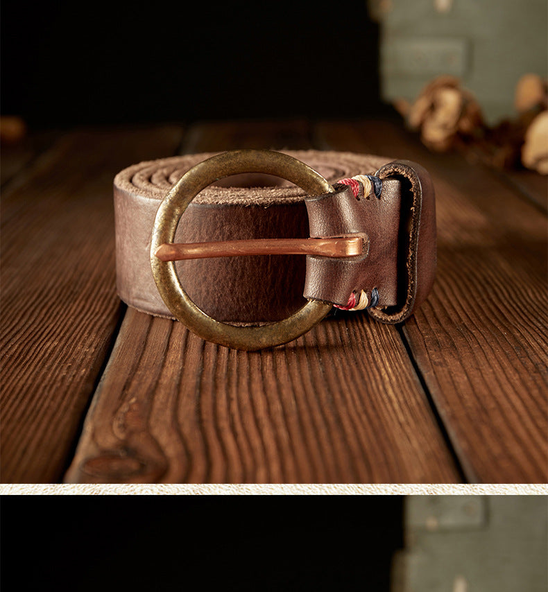 Men's belt handmade cowhide genuine leather retro copper needle buckle casual personality belt for men