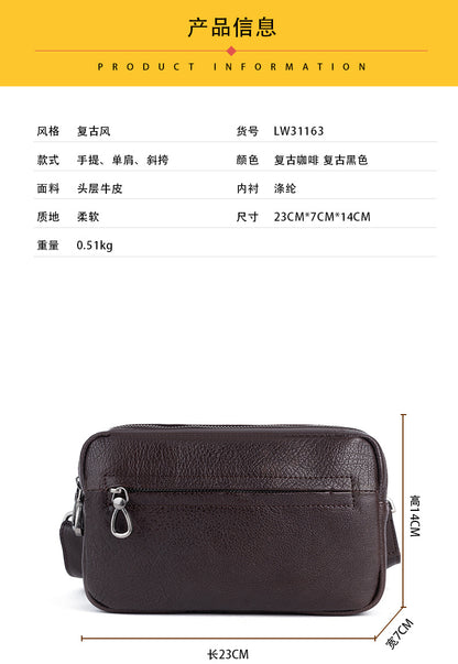 Men's Shoulder Bag Genuine Cowhide Leather Retro Casual Men Clutch Bag Crossbody Bag 