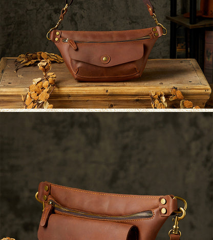 Men's Bust Bag Handmade Cowhide Genuine Leather Unique Waist Pouch Retro Casual Fashion Men's Crossbody Bag Shoulder Bag 