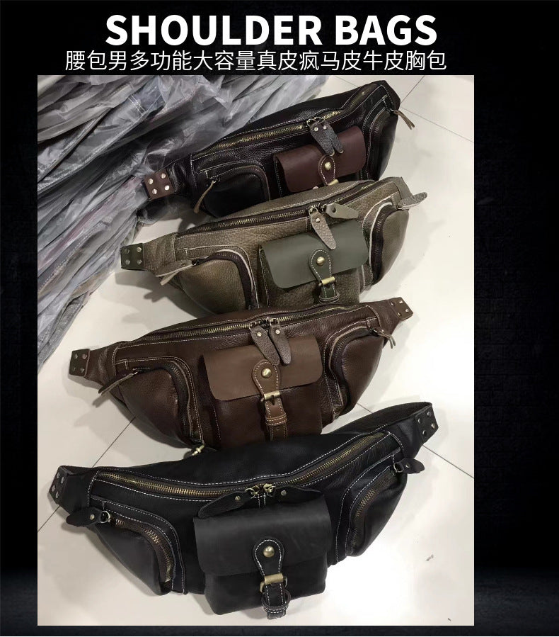 Men's Waist Pouch Genuine Cowhide Leather Crazy Horse Multifunctional Large Capacity Men's Crossbody Bag Smartphone Pouch Retro Casual Fashion Bust Bag 