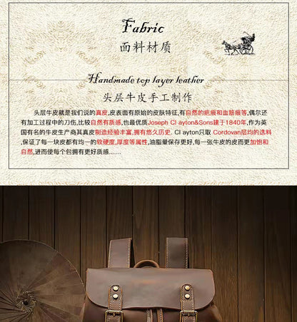 Men's backpack handmade genuine cowhide leather retro unique fashion casual travel bag 