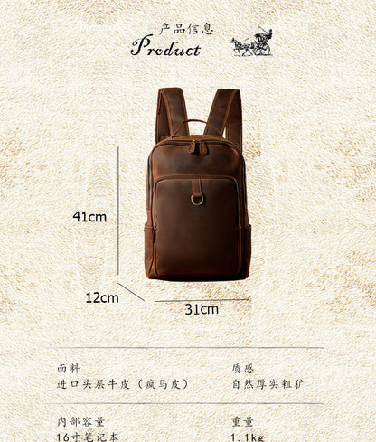 Men's Backpack Cowhide Genuine Leather Retro Casual Fashion Handmade Travel Bag Men's Computer Bag Rucksack 