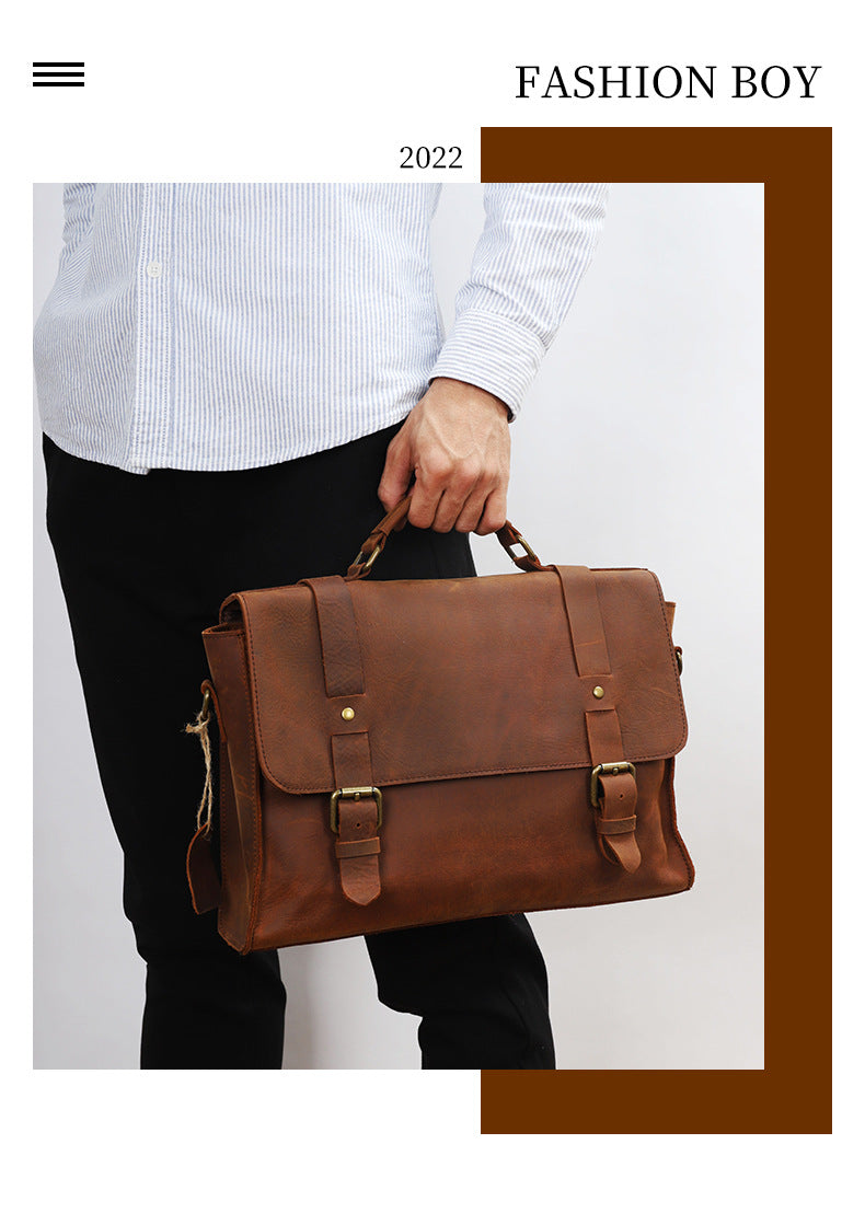 Men's Shoulder Bag Briefcase Retro Cowhide Crazy Horse Commuter Casual Crossbody Bag for Men Computer Bag 