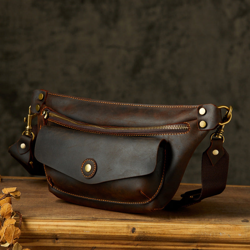 Men's Bust Bag Handmade Cowhide Genuine Leather Unique Waist Pouch Retro Casual Fashion Men's Crossbody Bag Shoulder Bag 