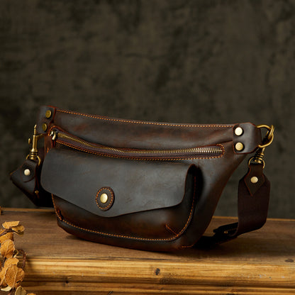 Men's Bust Bag Handmade Cowhide Genuine Leather Unique Waist Pouch Retro Casual Fashion Men's Crossbody Bag Shoulder Bag 