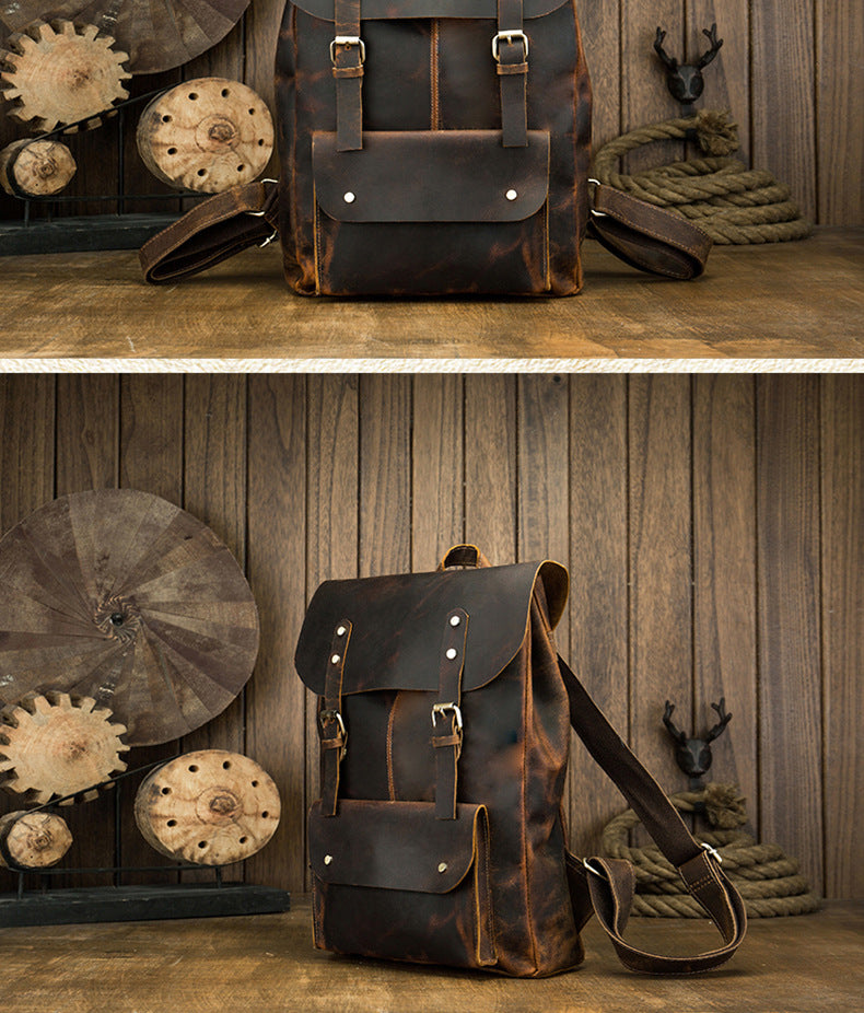 Men's Rucksack Korean Fashion Handmade Cowhide Genuine Leather Crazy Horse Outdoor Travel Bag Casual Computer Bag for Men 