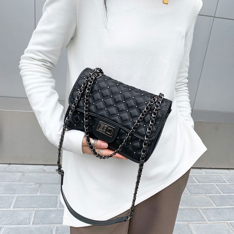 Genuine Leather Women's Bag Plaid Chain Bag Square Bag Simple Elegant Shoulder Bag.Pochette