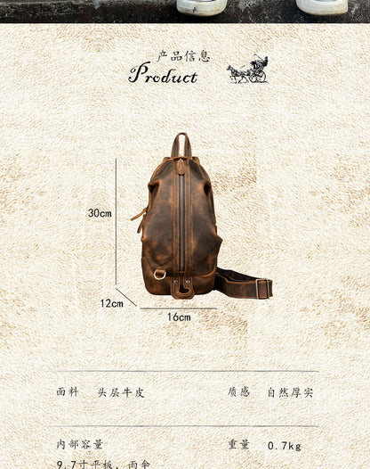 Men's Bust Bag Genuine Cowhide Leather Handmade Casual Vintage Unique Korean Fashion Crossbody Bag for Men 