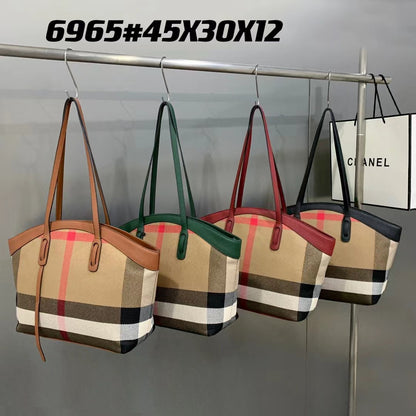 Ladies Simple Bag Large Capacity Genuine Leather Plaid Campus Bag Shoulder Bag Casual Retro Big Bag Tote Bag