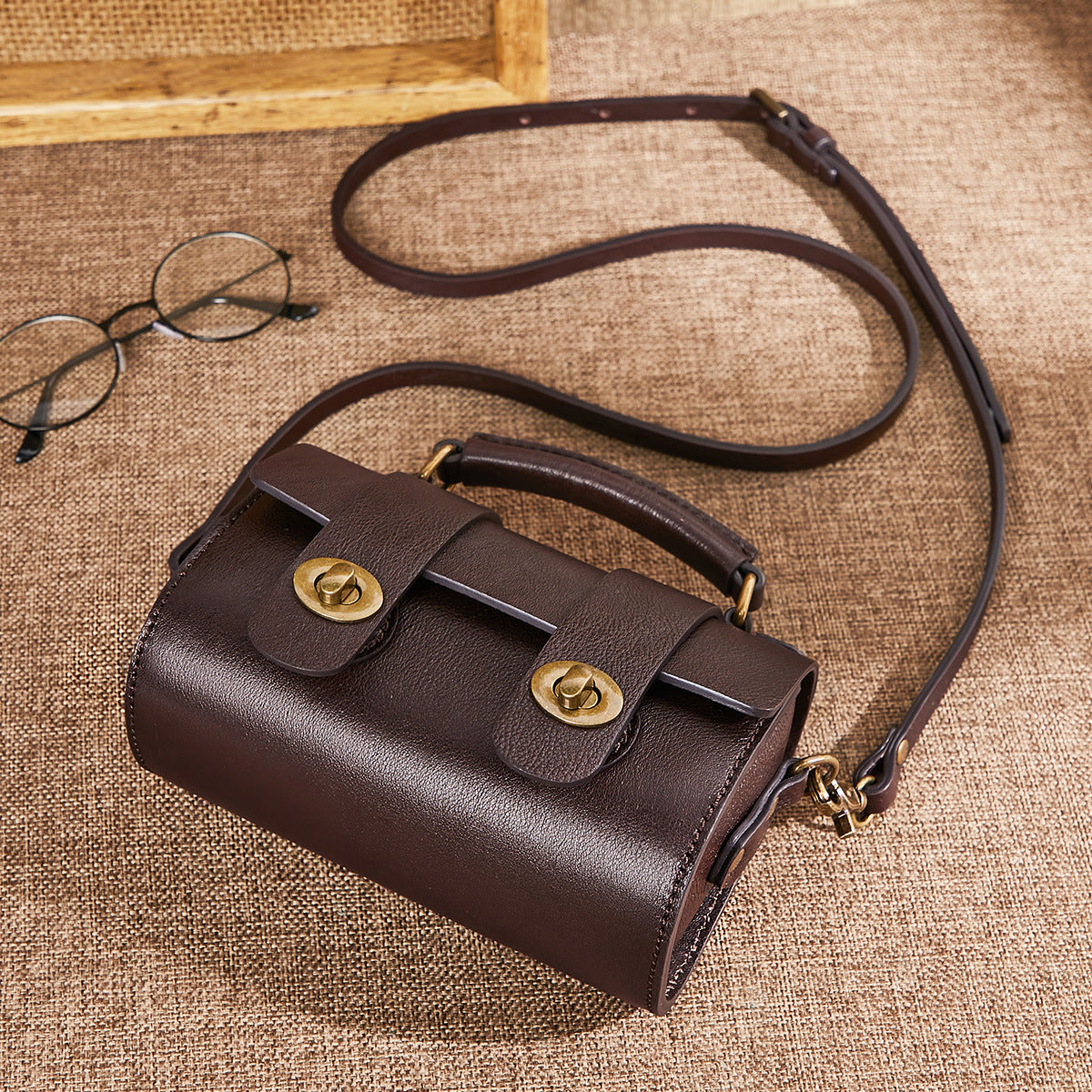 Women's Bag Retro Genuine Leather Handbag Cylindrical Bag Cowhide Simple Messenger Bag Trendy Shoulder Bag.Pochette