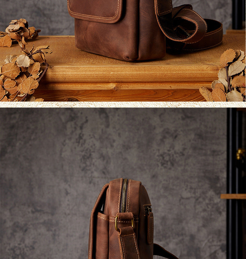 Men's Shoulder Bag Handmade Quality Genuine Cowhide Leather Crazy Horse Retro Unique Casual Fashion Crossbody Bag for Men 