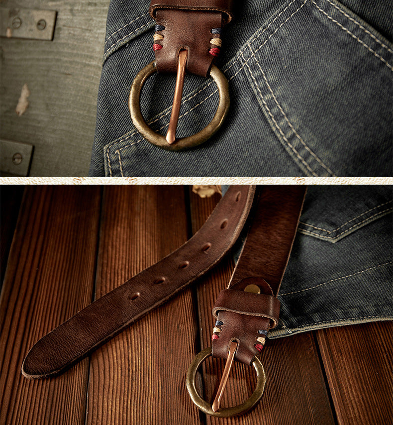 Men's belt handmade cowhide genuine leather retro copper needle buckle casual personality belt for men