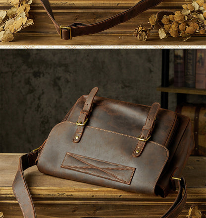 Men's Messenger Bag Handmade Genuine Cowhide Leather Crazy Horse Korean Fashion Crossbody Bag Shoulder Bag 