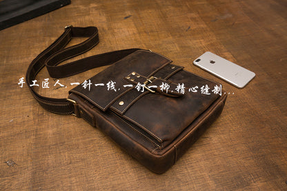 Men's Shoulder Bag Cowhide Genuine Leather Crazy Horse Retro Unique Casual Fashion Crossbody Bag for Men 