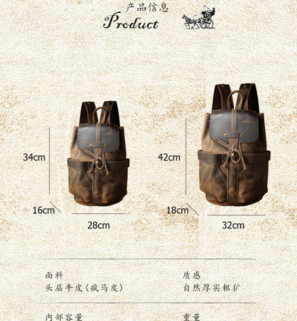 Men's Backpack Genuine Cowhide Leather Handmade Fashion Casual Travel Retro Crazy Horse Men's Bag 