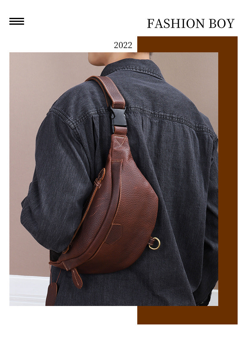 Men's Bust Bag Genuine Cowhide Leather Retro Casual Fashion Waist Pouch Shoulder Bag Crossbody Bag for Men 