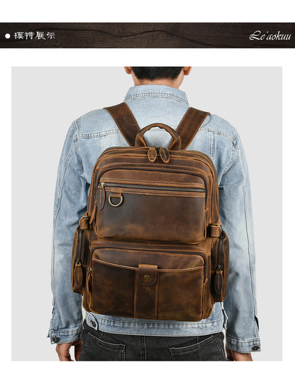 Men's backpack made of cowhide genuine leather large capacity retro casual men's business trip bag computer bag 