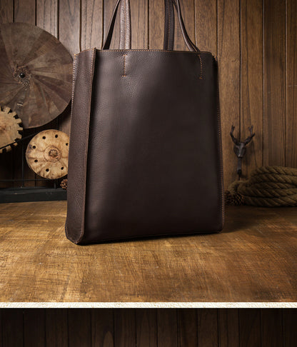 Men's Tote Bag Original Handmade Cowhide Genuine Leather Crazy Horse Shopping Retro Casual Handbag Shoulder Bag 