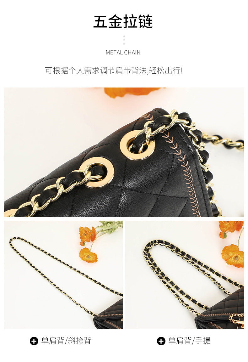 Women's Bag Fashion Chain Bag Simple Plaid Genuine Leather Square Bag Shoulder Bag.Pochette