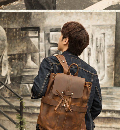 Men's Backpack Genuine Cowhide Leather Handmade Fashion Casual Travel Retro Crazy Horse Men's Bag 