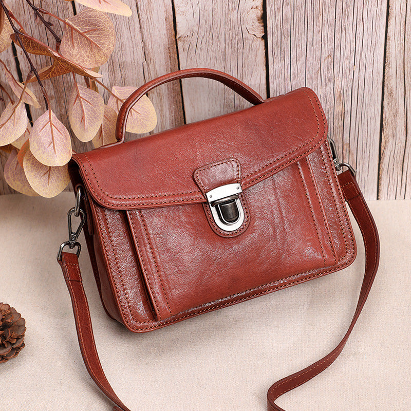 Women's Bag Handmade Genuine Leather Handbag Top Cowhide Square Bag Retro Shoulder Bag.Pochette