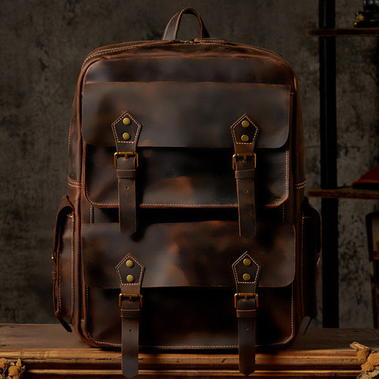 Men's Backpack Handmade Genuine Cowhide Leather Crazy Horse Retro Travel Bag Large Capacity Computer Bag Rucksack 