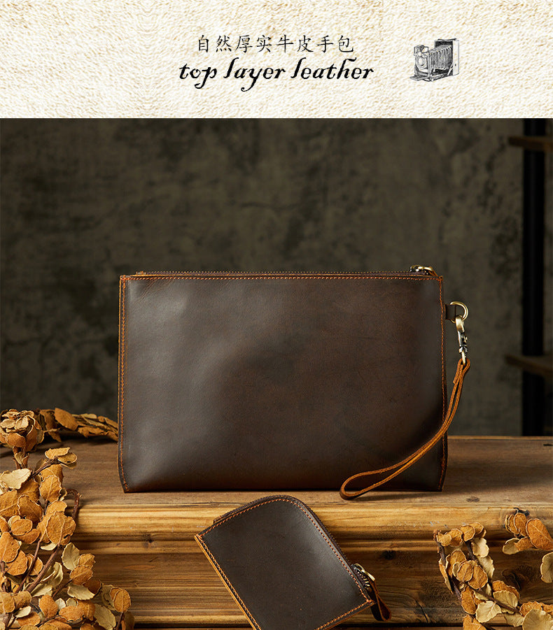 Men's Wallet Handcrafted Genuine Cowhide Leather Retro Zipper Simple Clutch Bag Men's Wallet 