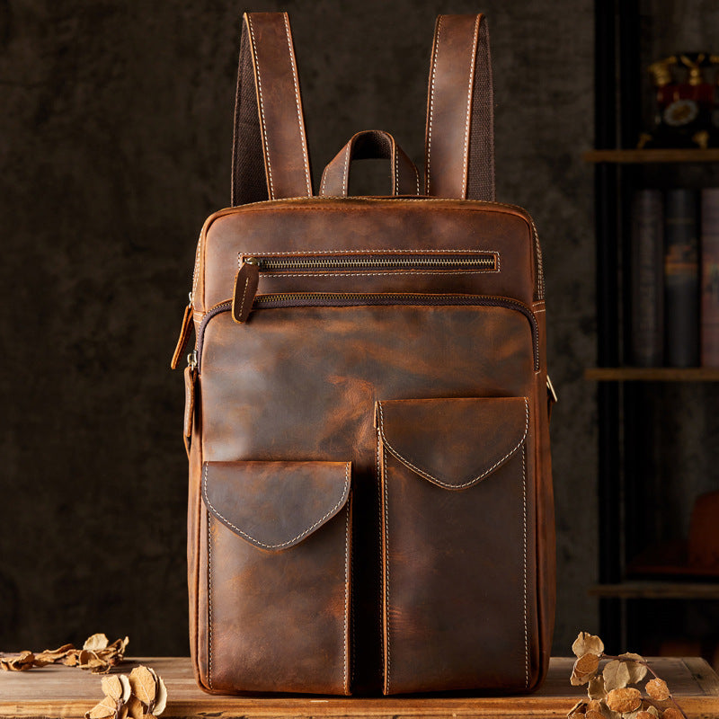 Men's Backpack Genuine Cowhide Leather Crazy Horse Handmade Original Travel Bag Retro Casual Men's Bag 