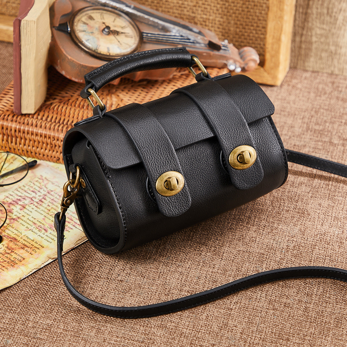 Women's Bag Retro Genuine Leather Handbag Cylindrical Bag Cowhide Simple Messenger Bag Trendy Shoulder Bag.Pochette