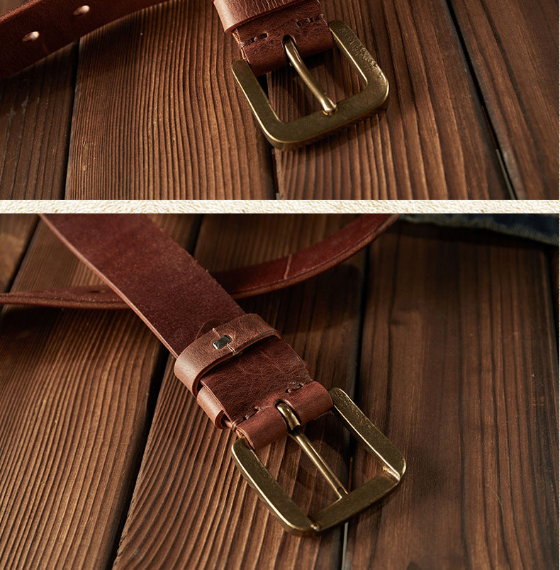 Men's belt handmade original retro cowhide genuine leather needle buckle casual simple copper buckle belt for men 