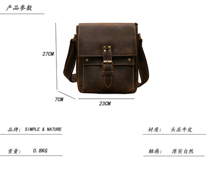 Men's Shoulder Bag Cowhide Genuine Leather Crazy Horse Retro Unique Casual Fashion Crossbody Bag for Men 