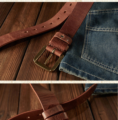 Men's belt handmade original retro cowhide genuine leather needle buckle casual simple copper buckle belt for men 