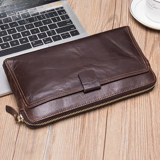 Men's Long Wallet Large Capacity Korean Fashion Genuine Cowhide Leather Card Holder RFID Anti-Theft Clutch Bag Men's Handbag 