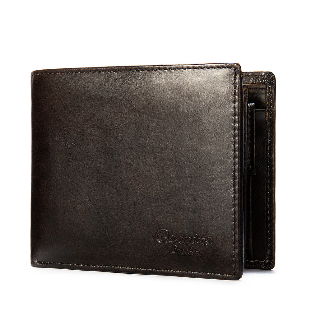 Men's Short Wallet Cowhide Genuine Leather RFID Card Holder Retro Men's Wallet Card Bag 