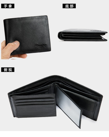 Men's Short Wallet Cowhide Genuine Leather RFID Card Holder Retro Men's Wallet Card Bag 