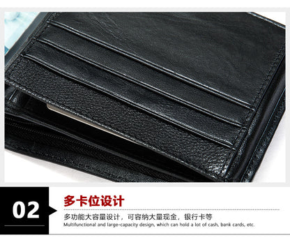 Men's Short Wallet Cowhide Genuine Leather RFID Card Holder Retro Men's Wallet Card Bag 